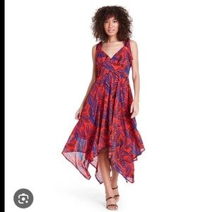 Red Leaf-Print Tie-Shoulder Dress